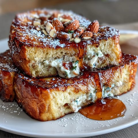Golden Almond Croissant French Toast, fluffy brioche bathed in rich almond cream.