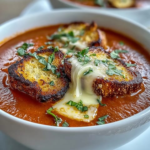 Velvety creamy tomato basil soup with golden grilled cheese croutons waiting.