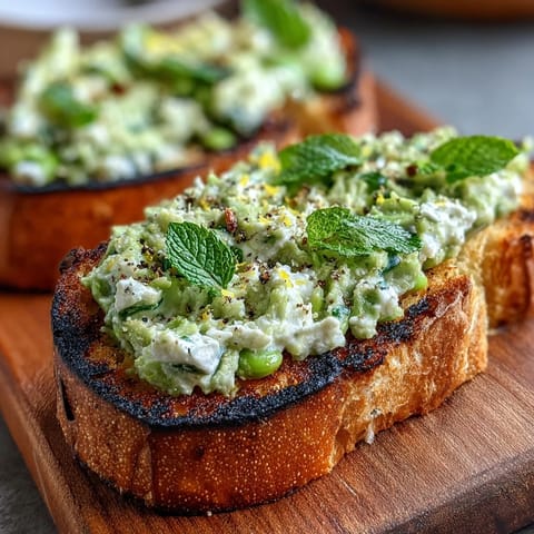 Fava Bean and Mint Bruschetta: vibrant spring appetizer on smoky grilled sourdough.