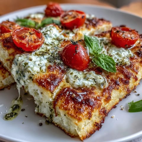 Viral cottage cheese flatbread with pesto and tomato looks golden, ready to serve.