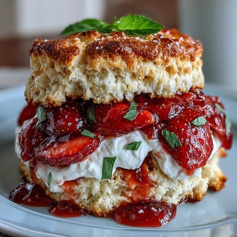 Juicy Strawberry Basil Shortcake Biscuits crowned with fluffy cream, a delightful summer dessert.