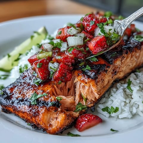 Juicy grilled salmon with a fresh, colorful strawberry avocado salsa, ready to serve.