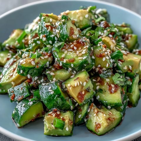 Vibrant Smashed Cucumber and Avocado Salad with Sesame, highlighting green hues.