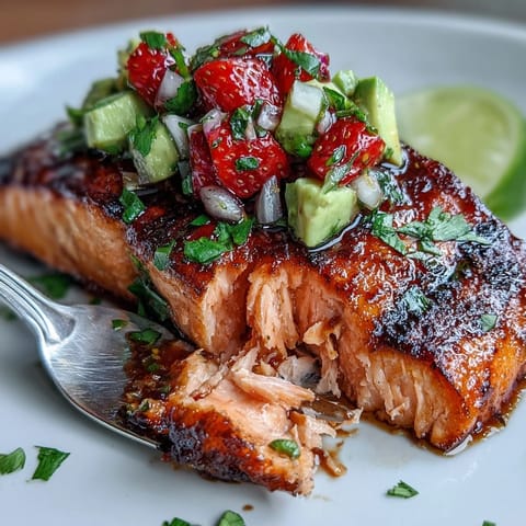 Grilled salmon fillets topped with vibrant strawberry avocado salsa, a summer delight.