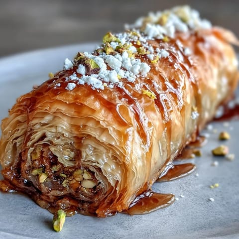 Crispy baked Pistachio Baklava Rolls piled high, ready for drizzling.