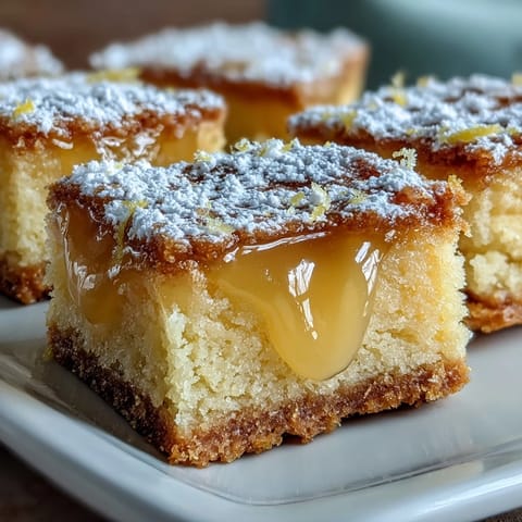 Close-up of Lemon Bar Cookies with bright yellow curd and powdered sugar dusting.