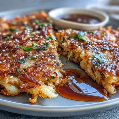 Golden brown Crispy Cabbage Kimchi Pancakes served hot with dipping sauce.