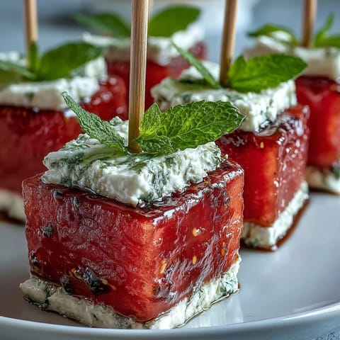 Refreshing watermelon feta bites on toothpicks, a colorful, no-cook Mediterranean appetizer.