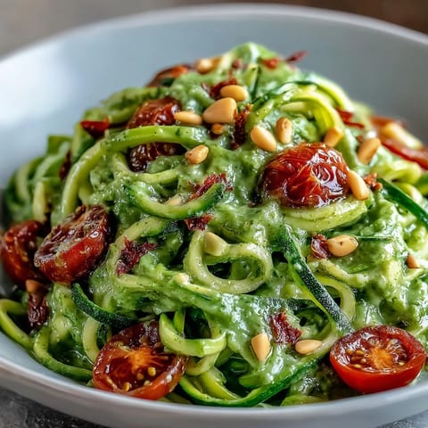 Zucchini Noodles with Avocado Pesto, vibrant green swirls tossed in creamy, herbed goodness.
