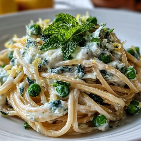 Creamy lemon ricotta pasta with vibrant peas and fresh mint, perfect for spring.