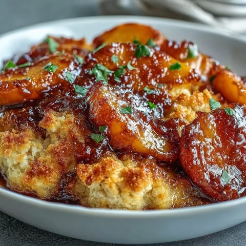 Golden peach cobbler with puffy biscuit topping, a warm Southern dessert.