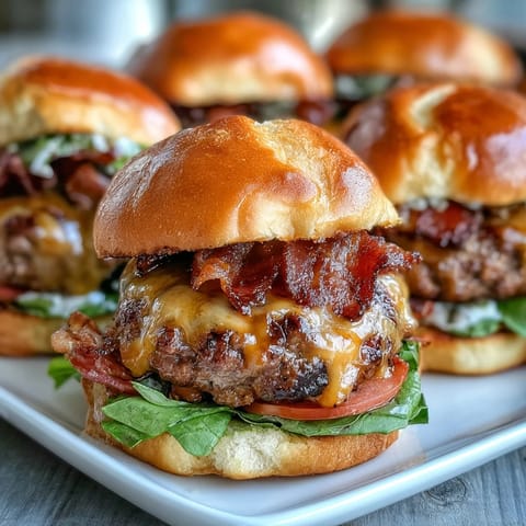 Juicy Easy Father's Day Grilled Bacon Burger Sliders with melted cheese on toasted buns.