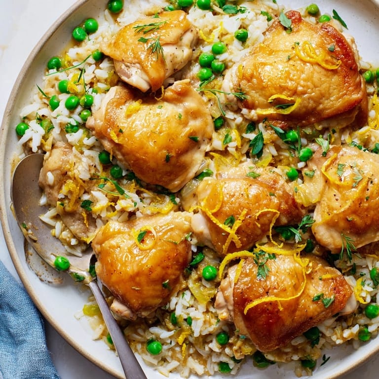 Creamy lemon chicken and rice glistening in a single pot, featuring tender chicken and bright peas.