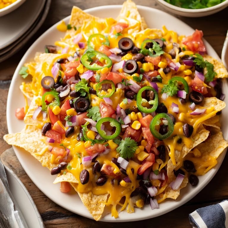 Shareable Sheet Pan Nachos with a crispy chip base, perfect for parties, piled high with fresh, colorful ingredients.