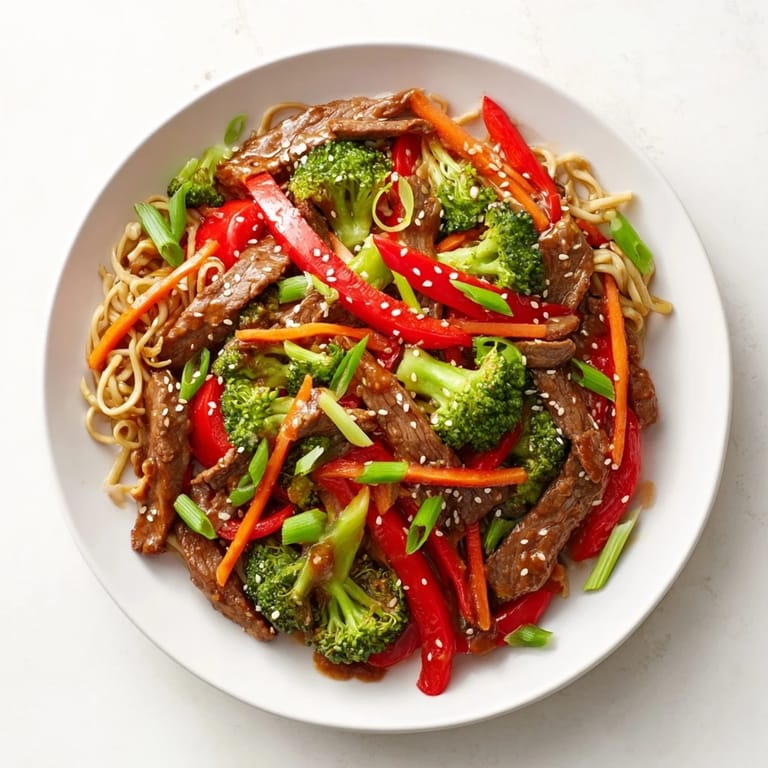 This Easy Beef Stir-Fry with Lo Mein Noodles features a rich, dark sauce coating the perfectly cooked noodles.