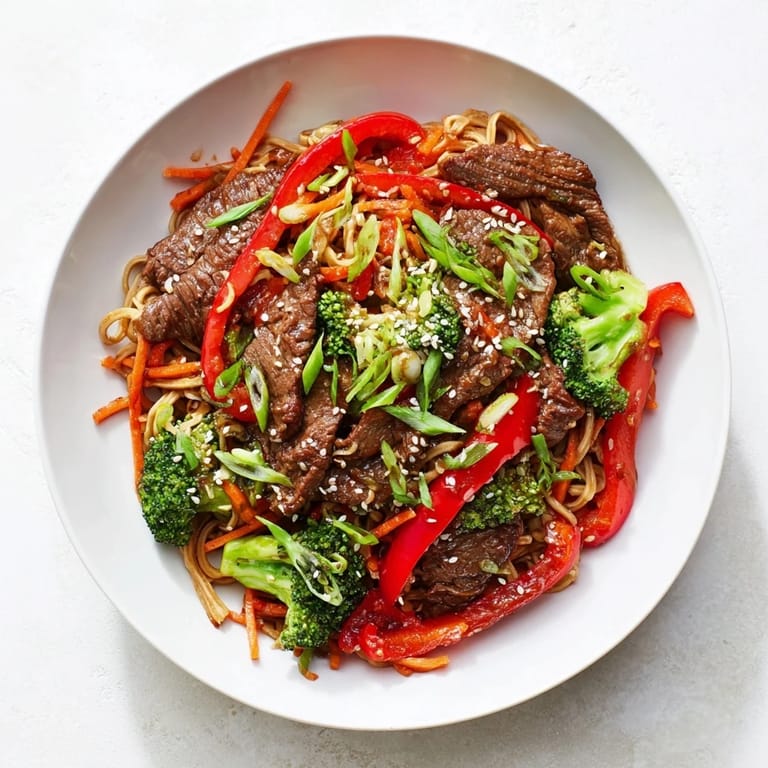 Vibrant photo of savory Easy Beef Stir-Fry with Lo Mein Noodles, showcasing tender beef and fresh vegetables.