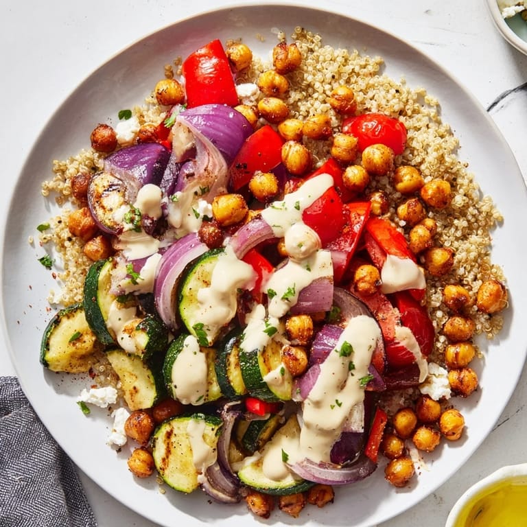 A close-up shot of the Mediterranean Chickpea and Veggie Grain Bowl includes fluffy quinoa, chickpeas, and fresh parsley.