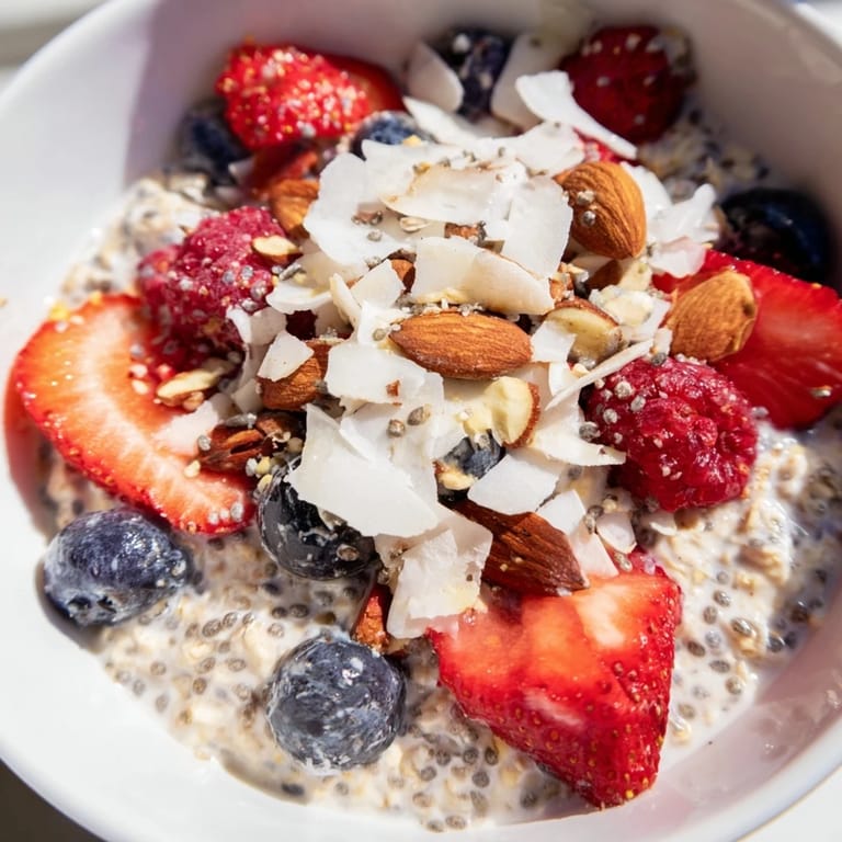A layered jar of overnight oats with berries and chia seeds, topped with colorful, fresh fruit.