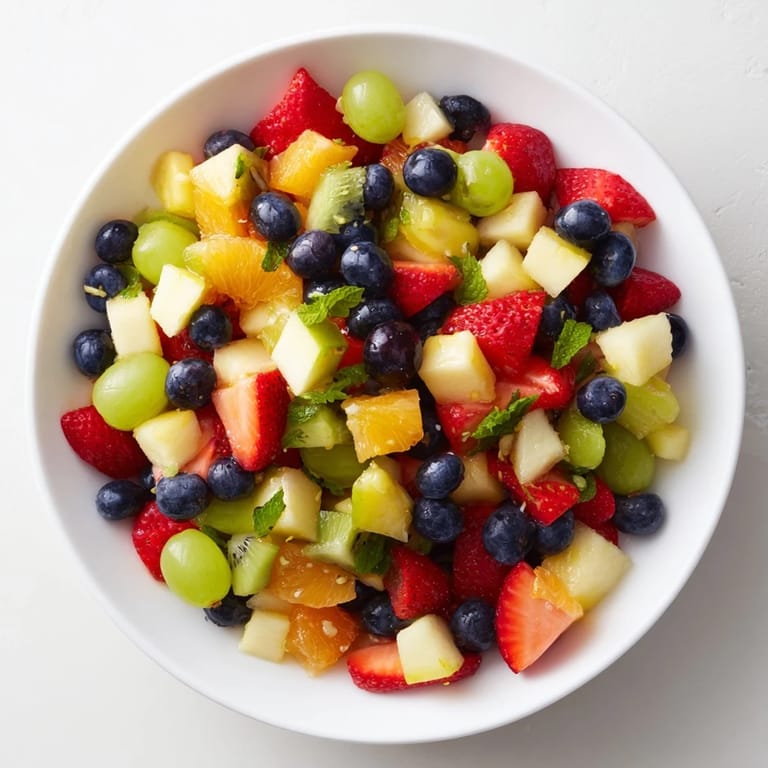 Close-up of a refreshing fruit salad: colorful fruit segments coated in a sweet, zesty honey-lime sauce.
