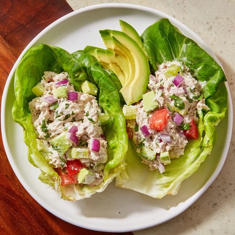 Enjoy refreshing Quick & Healthy Tuna Salad Lettuce Wraps, featuring creamy tuna salad, avocado, and juicy tomato.