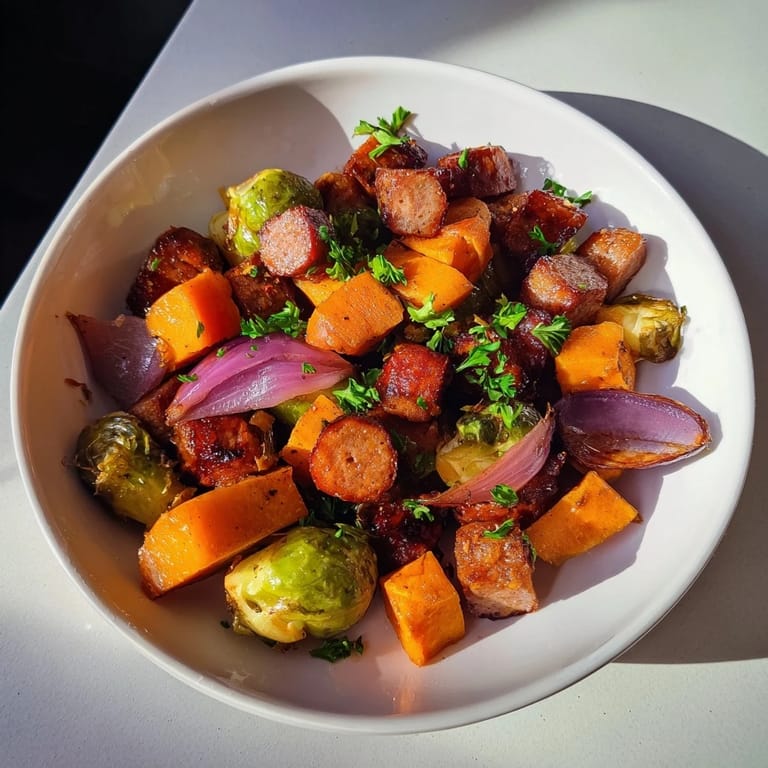 Golden brown sheet pan sausage, sweet potato, and Brussels sprouts, ready to serve with fresh parsley garnish.