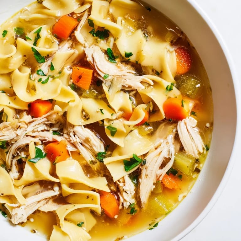A warm, inviting shot of homemade Cozy Chicken Noodle Soup with fresh parsley garnish topping.