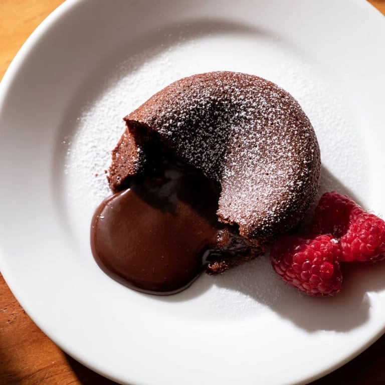 A decadent close-up of Mini Chocolate Lava Cakes, dusted with powdered sugar and berries.
