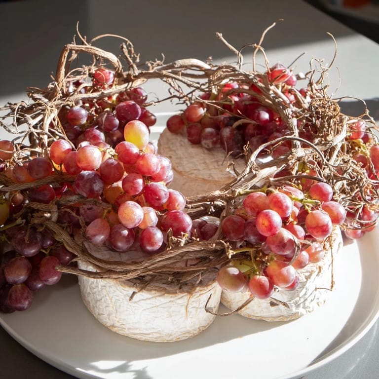 The Rustic Vineyard offers a delightful cheese presentation with ripe grapes draped over the artisan cheese.