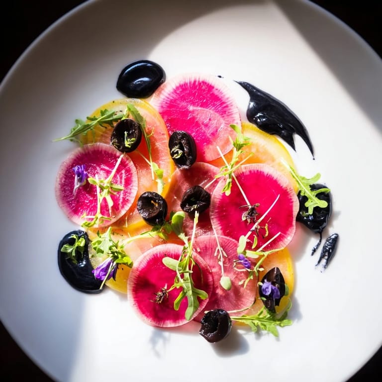 Delight your senses with this The Shadow Play. Colorful radishes and vibrant microgreens layered for a starter.