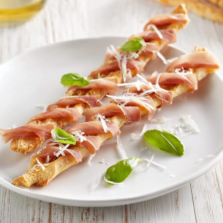 Crisp breadsticks support a flavorful prosciutto "Golden Gate" appetizer, ideal for sharing during happy hour.