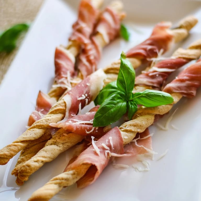 Vibrant overhead shot of delicious Golden Gate appetizer, featuring a prosciutto bridge over breadstick structures.