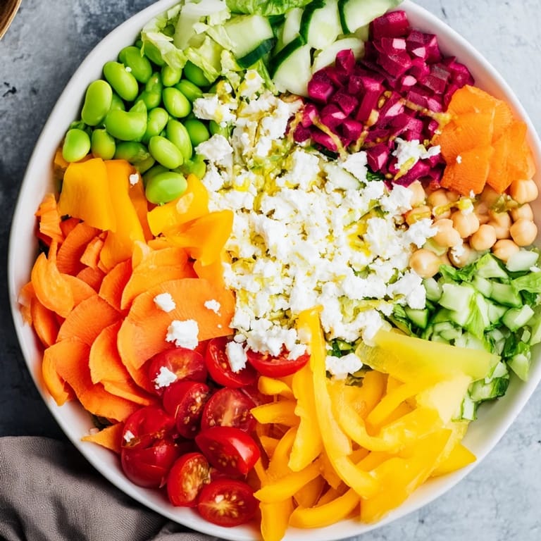 Visualize a beautiful The Prism Burst salad with colorful layers of fresh vegetables and fruits, light and delicious.