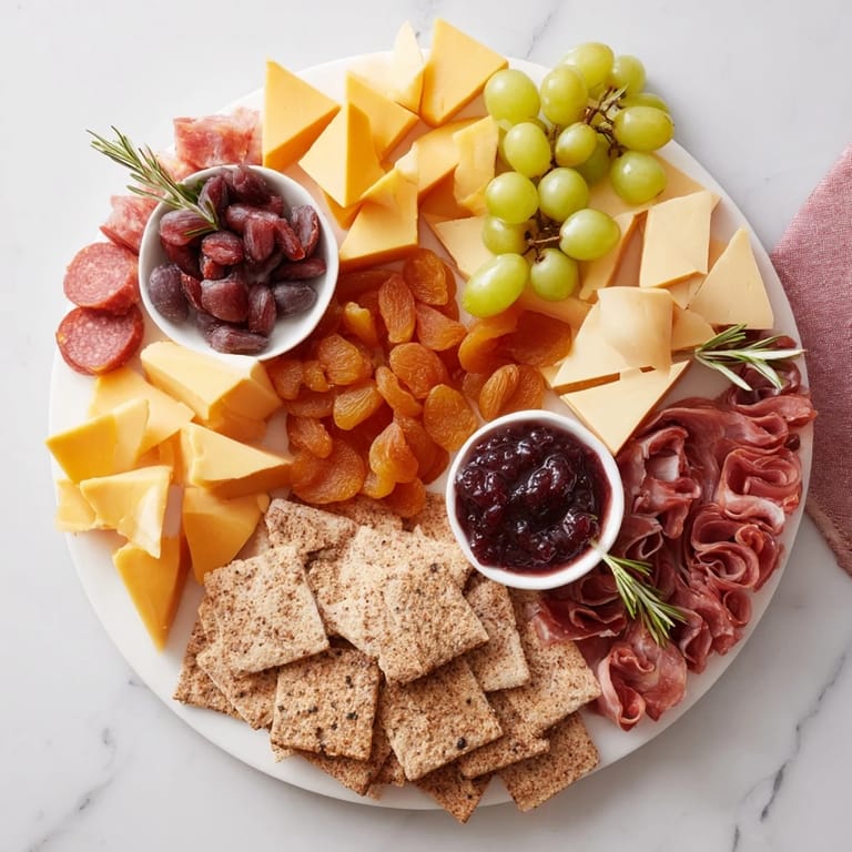 Exquisitely arranged Geometric Gala, featuring angular cheese, meats, and vibrant fresh fruit and nuts for guests.