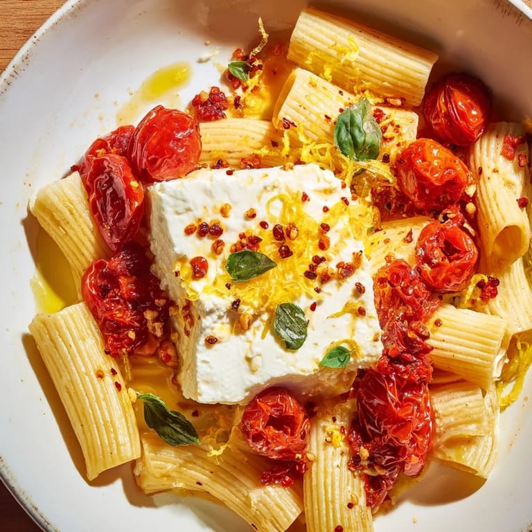 The baked feta 2.0 features a block of feta, melting into roasted tomatoes and pasta, ready to serve.