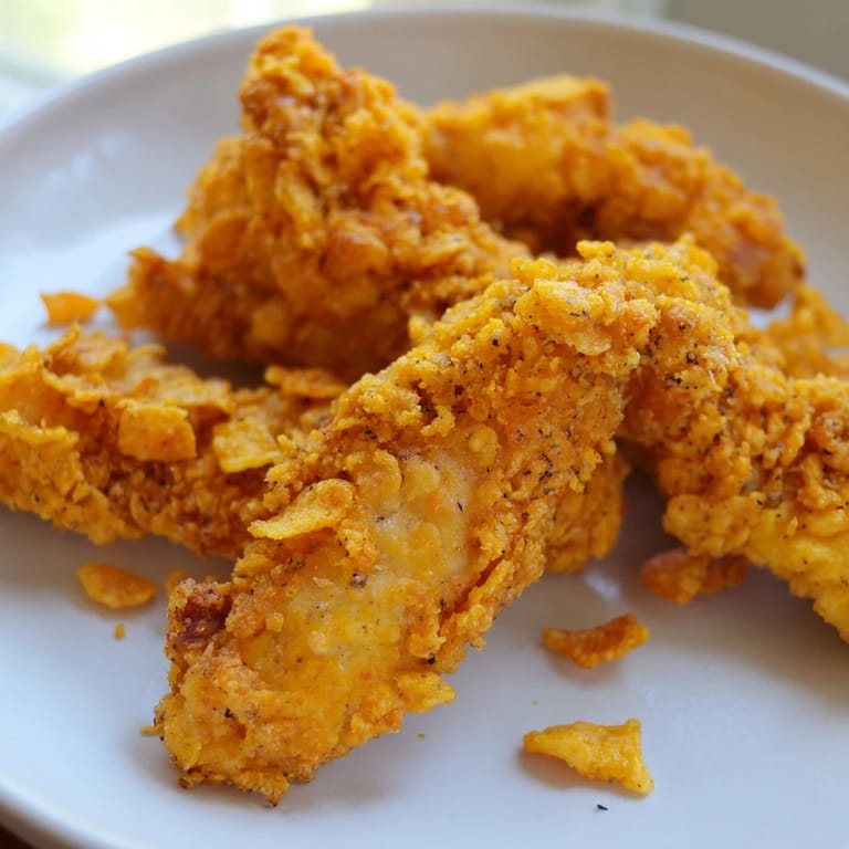 Close-up of baked crispy onion chip chicken tenders, offering a satisfying, savory American meal.