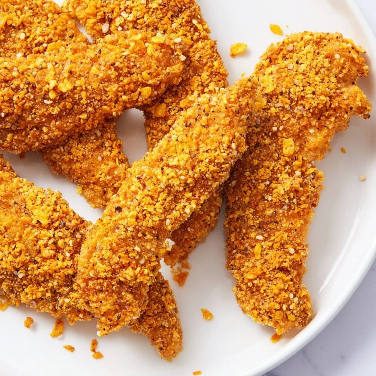 Air-fried crispy onion chip chicken tenders with a side of dipping sauce, perfect for a tasty dinner.