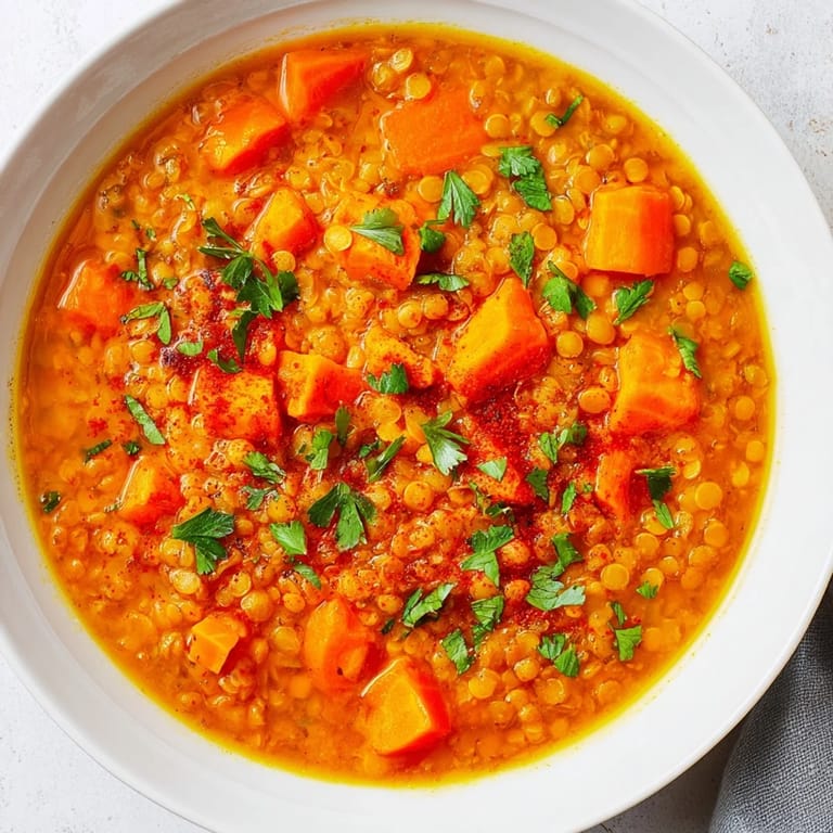 Close-up of vibrant Spiced Carrot Lentil Soup, showcasing tender carrots and a rich, spiced broth for dinner.