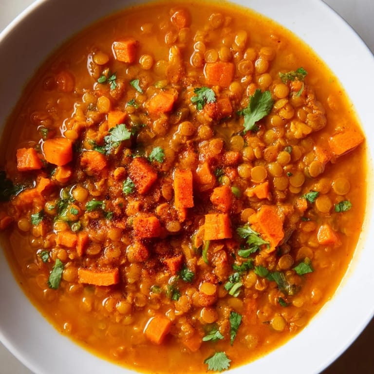 Enjoy a hearty spoonful of this delicious Spiced Carrot Lentil Soup, perfect for a cozy, vegan lunch.