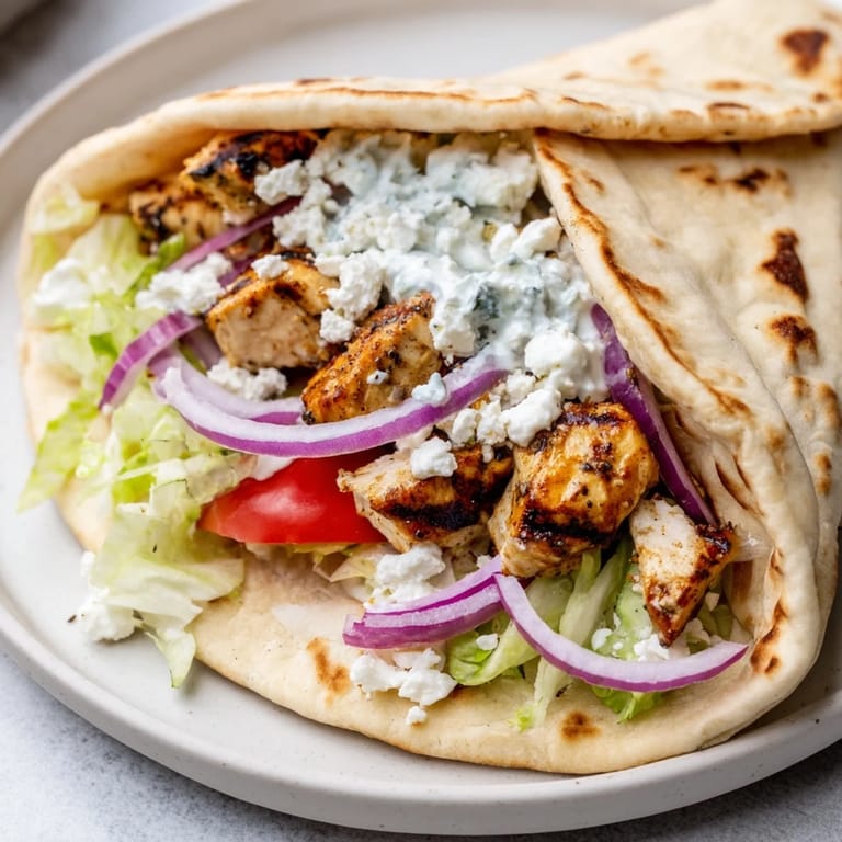 Warm pita bread holds flavorful Greek Chicken Souvlaki Wraps, a delicious and easy lunch or dinner.