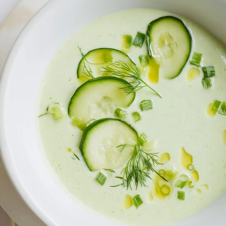Cool, refreshing Cucumber Garlic Soup with a vibrant green hue, perfect for a hot summer lunch.