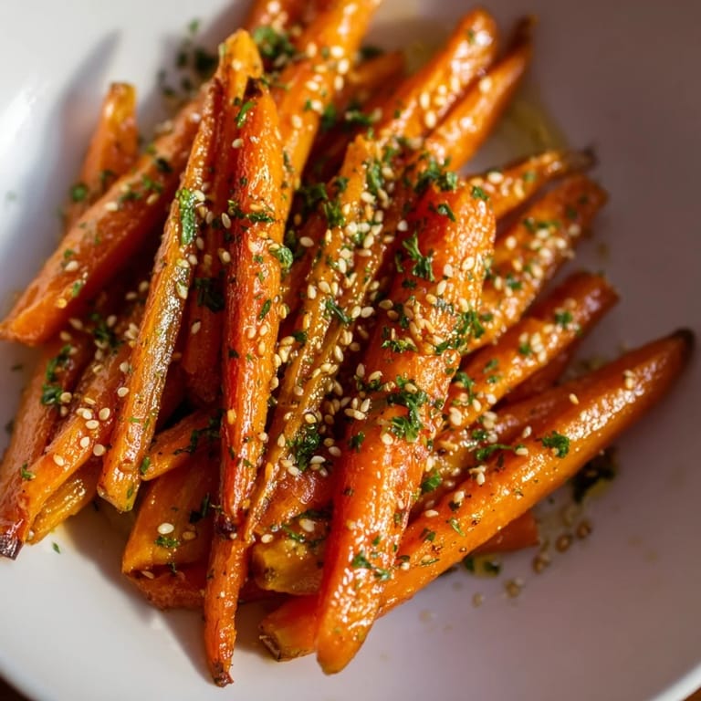 Golden brown Maple Mustard Roasted Carrots, ready to serve and bursting with the flavors of fall.
