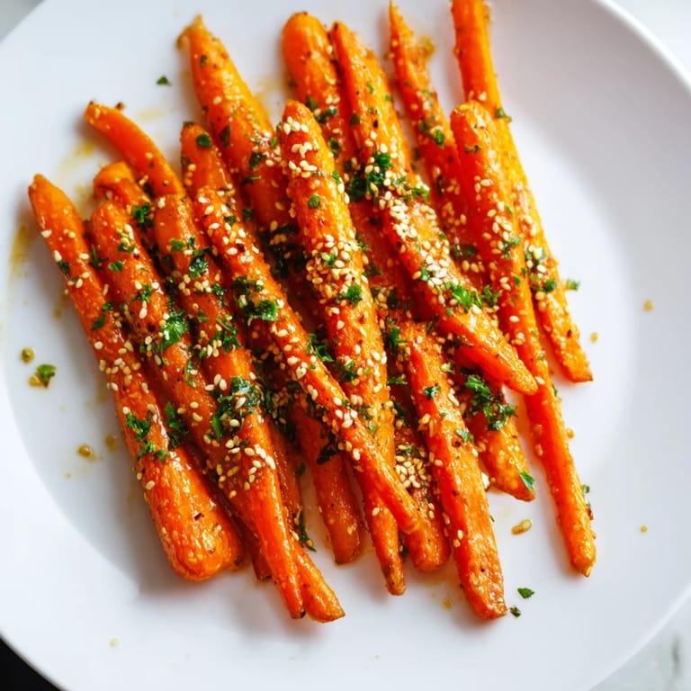 Close-up of vibrant, tender Maple Mustard Roasted Carrots, perfect with a sprinkle of parsley garnish.