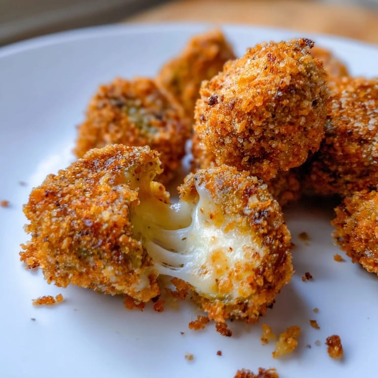 Close-up of golden brown Crispy Chickle Bites, offering a delightful crunch of fried cheese and pickles.