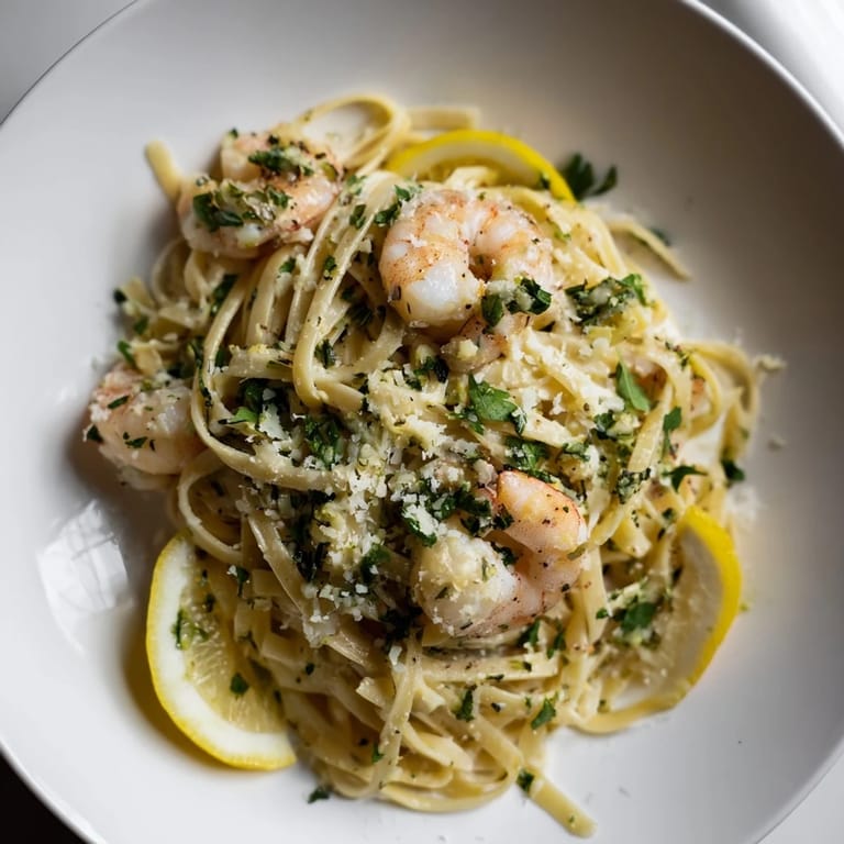 A close-up of vibrant Lemon Herb Pasta with shrimp, showcasing perfectly cooked pasta and bright lemon flavors.