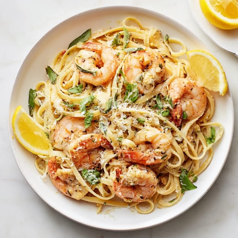 Glimpse the satisfying aroma of Lemon Herb Pasta, a pescatarian delight with juicy shrimp and fresh garnishes.