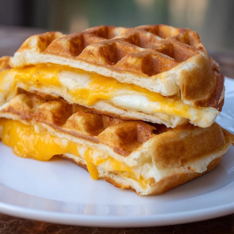 Perfectly pressed Waffle Grilled Cheese sandwiches, golden brown and ready to be devoured with tomato soup.