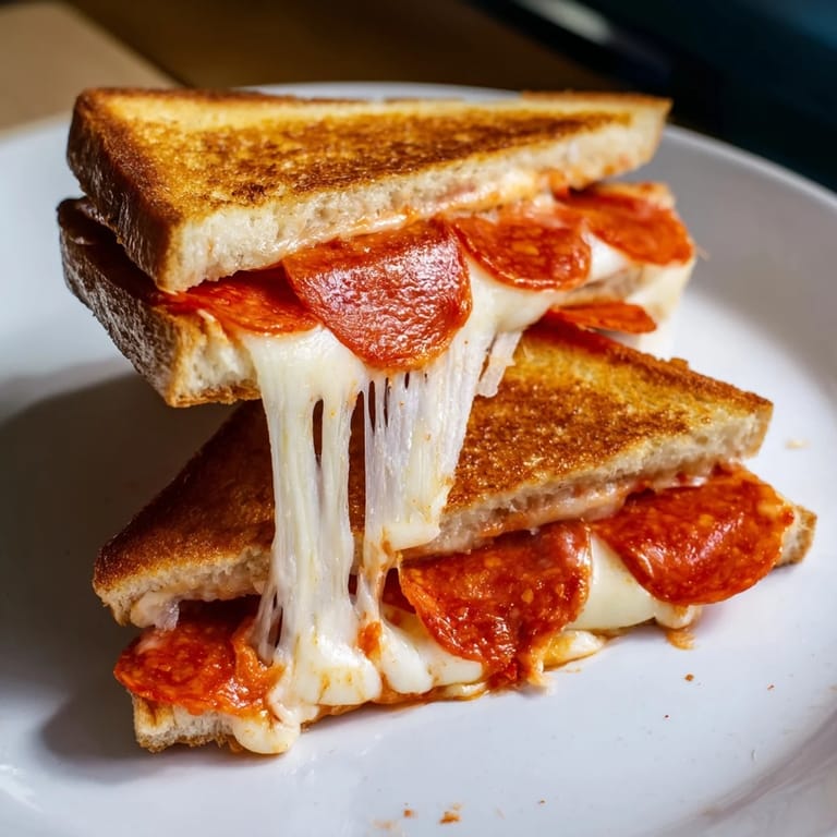 Warm, melty Pizza Grilled Cheese, featuring golden-brown, crispy bread and gooey cheese, ready to eat.
