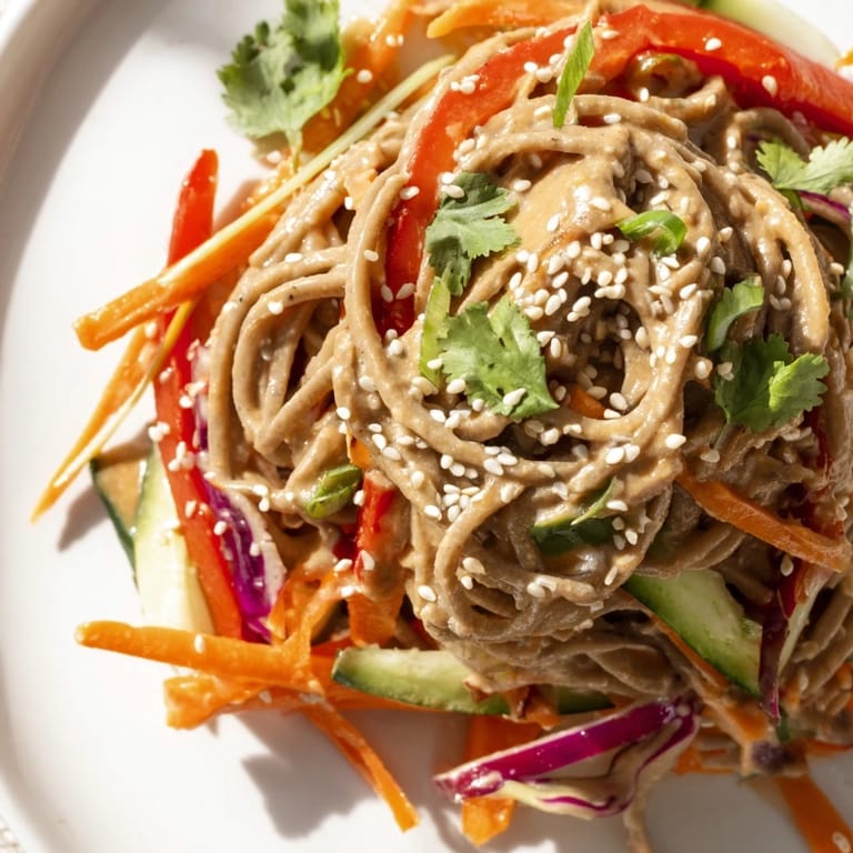 Close-up of a delicious, light and healthy soba noodle salad, perfect for a summer lunch.
