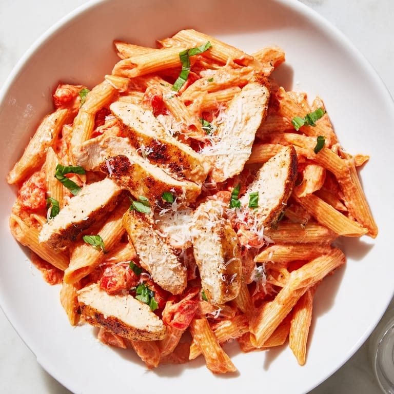 A close-up of Creamy Tomato Basil Chicken Pasta, garnished with fresh basil leaves and parmesan cheese.