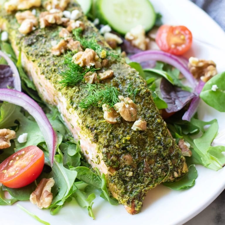 A beautiful close-up of the delicious herb-crusted salmon salad with bright, fresh vegetables.